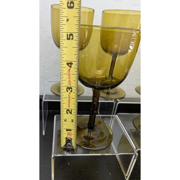 Hand Blown Dark Amber Wine Cordial Glasses Vintage Lot Of 9 MCM Olive Green - Picture 5 of 13